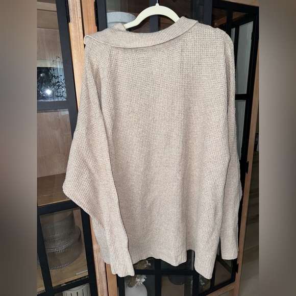Aerie CozyUp Waffle Polo Sweater beige long sleeve top tee heather fawn ribbed - Picture 4 of 8